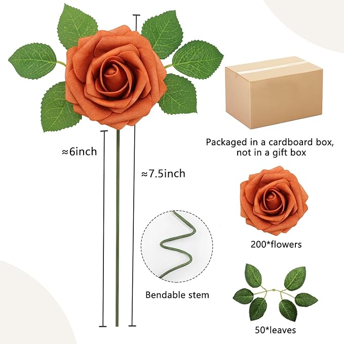 200PCS Artificial Flowers Burnt Orange Roses Real Looking Foam Fake Roses with Leaves and for DIY Wedding Bouquets Bridal Shower Centerpieces Party Decorations (Burnt Orange, 200)