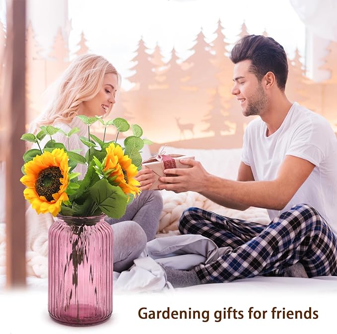 OFFIDIX Glass Vase,7.3 * 4.3in Vertical Line Geometric Faceted Design Flower Vase