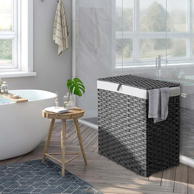 Greenstell Laundry Hamper with 2 Removable Liner Bags - 90L Divided Clothes Hamper, Handwoven Synthetic Rattan Foldable Laundry Basket with Lid and Handles Gray (18.3x13.3x24.0Inches)