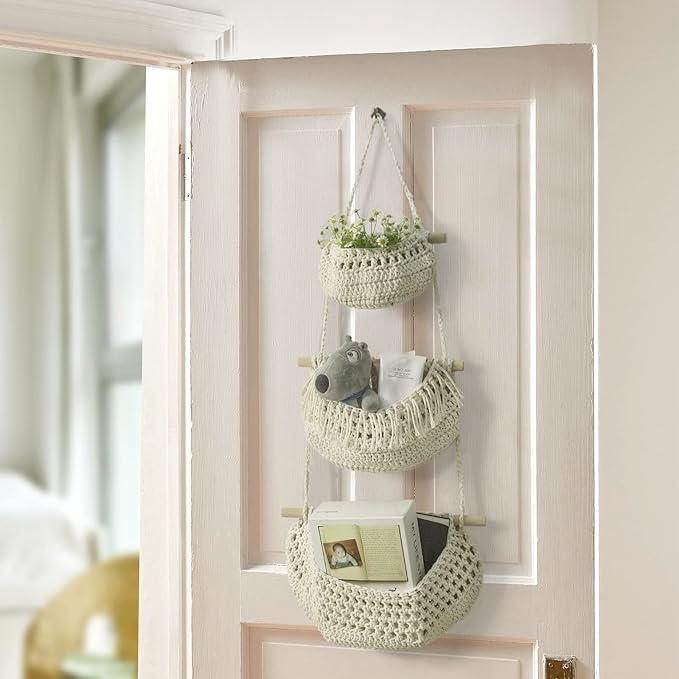 Hanging Fruit Basket,3 Tier Over The Door Organizer, Handmade Woven Cotton Rope Wall Hanging Baskets for Organizing, Boho Wall Basket Decor, Storage Baskets for Kitchen