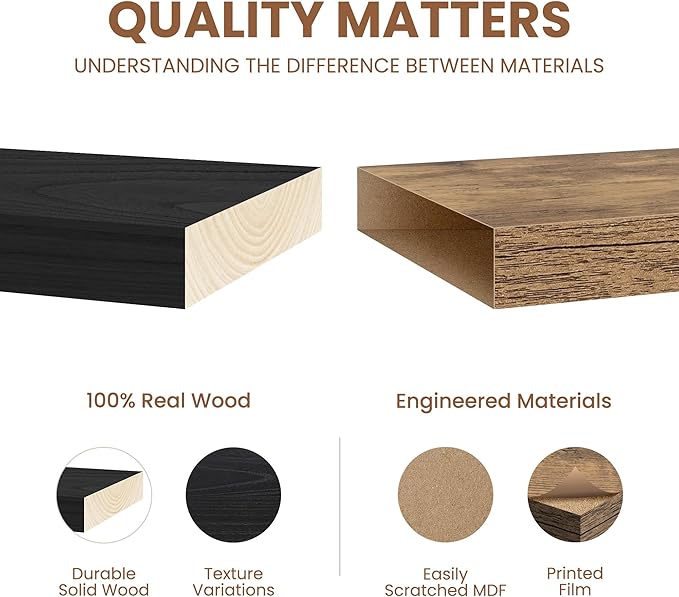 Floating Shelves for Wall, Real Wood Floating Shelf Set of 2, 8 Inch Deep Floating Shelves, Rustic Wood Wall Shelf for Home Decor, Deep Storage Shelves for Bathroom, Kitchen, 16"W x 8"D, Black Color