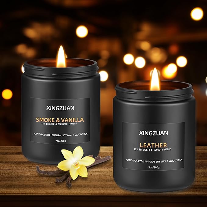 2PCS 10% Essence Smoky Vanilla Candle Set | Leather Scented Candle | Men's Room Decor | Black Soy Candle with Wood Wick | Long Lasting 45 Hour Time | Ideal for Man Cave, Bedroom, or Officec