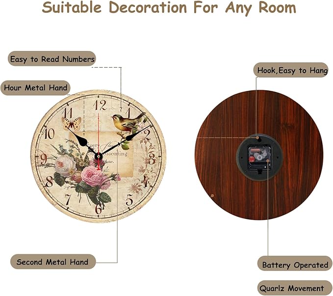 Catuy 12 Inch Wood Wall Clock Silent Non-Ticking Wall Clocks for Office,Bathroom,Living Room,Dining Room,Kitchen Decoration, Flowers/Birds Style Round Hanging Clock