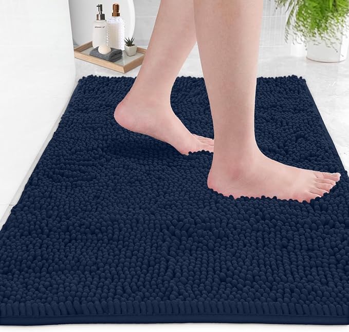 LuxUrux 2 Piece Bathroom Rug Set - Premium Plush Bath Mat Shower Rugs, 1" Chenille Microfiber, Non-Slip & Absorbent, Soft & Cozy, Durable Stylish (20x30 & 16x24 inches, Navy)