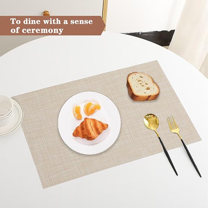 Beige Placemats Set of 4 - Heat Resistant Non-Slip Place mats for Dining Table, Washable Durable PVC Vinyl Woven Table Mats (Beige, 4)