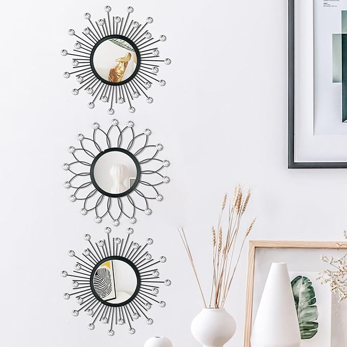 3 Pack Metal Mirrors for Wall Sunburst Wall Mirrors Home Décor Decorative Hanging Wall Art for Living Room Bedroom Entryway (Black Crystal, Flower+Sunburst)