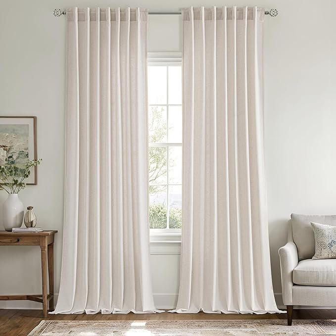 MIULEE Non-See-Through Privacy Linen Curtains 2 Panels, Light Filtering Window Curtains Farnhouse Textured Back Tab Semi Sheer Drapes for Bedroom Living Room, 52 x 90 Inches Long, White