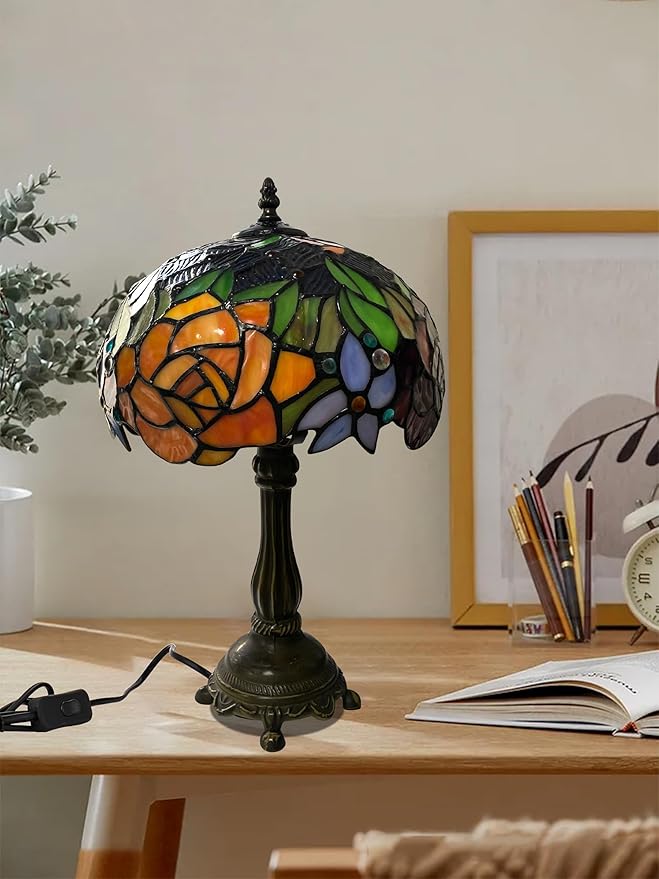 KY&BOSAM Tiffany Lamp Stained Glass Table Lamp Style Art Glass Desk Lamp 16 Inch Tall Glass 10 Inch Wide Lamp Shade Lamp Beside Lamp1 Bulb Antique Zinc Base for Living Room Bedroom Kitchen