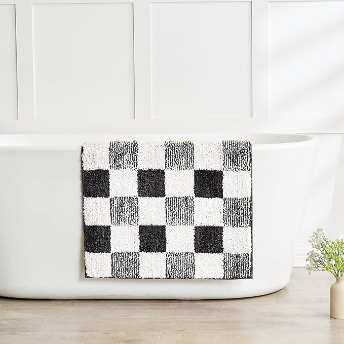 CozeCube Black Checkered Bath mats Non Slip, Fluffy Absorbent Microfiber Runner Bath mat Washable, Aesthetic Bathroom Rugs, Long Bath mat for Bathroom Floor, 47" x 24"