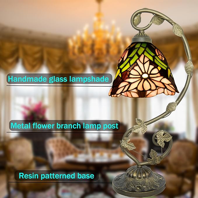 Tiffany Lamp,21x11x8 inches Stained Glass Lamp,Pink Chrysanthemum Tiffany Style Table Lamp with Three-Color Dimming for Bedside,Dining Table,Antique Office
