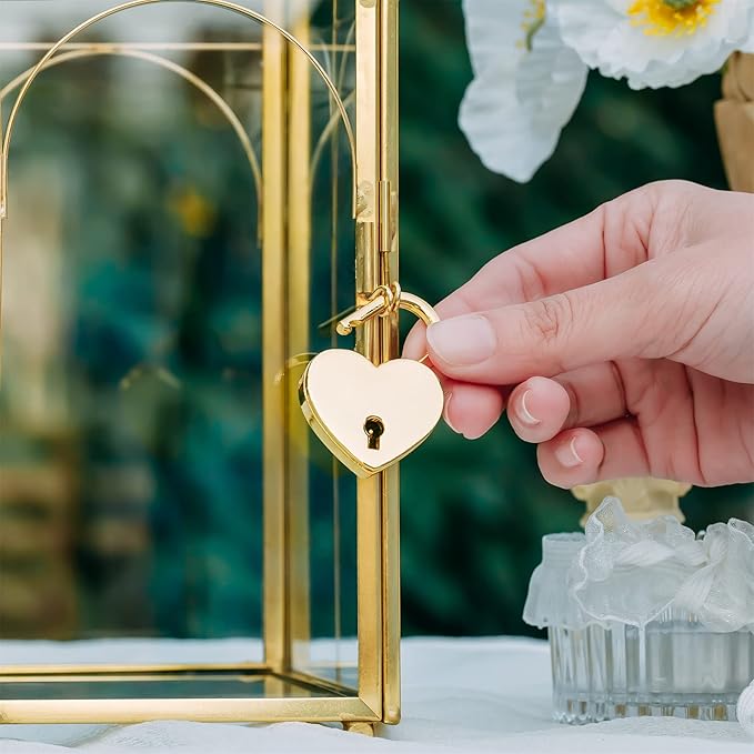 NCYP Glass Cards Box with Slot and Lock for Wedding - 12.6" x 5.9" x 9" Geometric Vintage Envelops Wishwell Card Holder - Tabletop Reception, Birthday Party Decor, Gold (Glass Box Only)