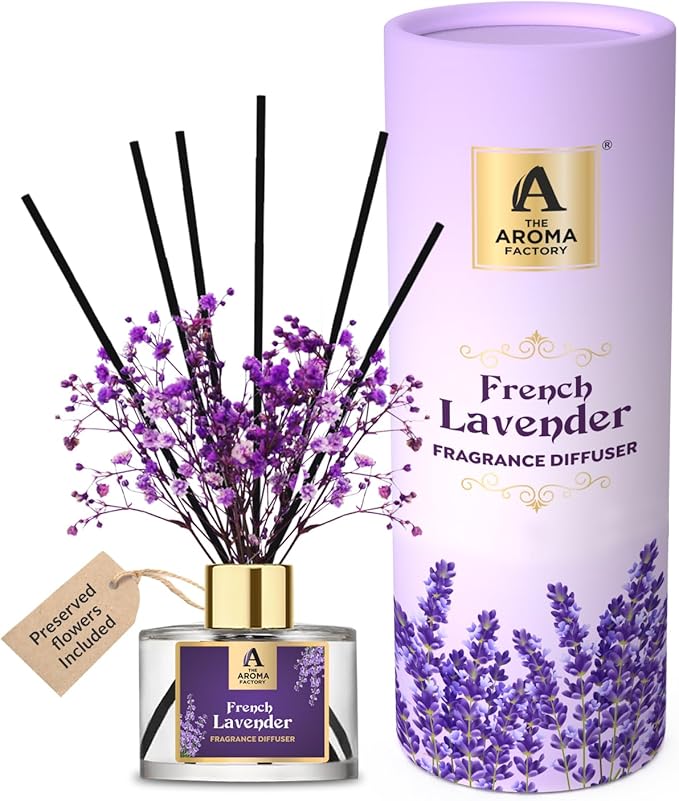 The Aroma Factory Fragrance Reed Diffuser Set with Natural Essential Oil, Aroma Sticks & Real Preserved Flowers | Luxury Home Decor Scent (French Lavender, 1 Pack)