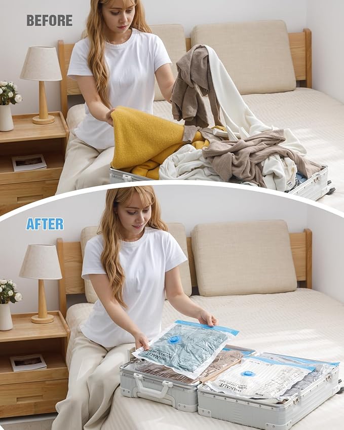 Travel Vacuum Storage Bags with Hand Pump, 12 Pack (4M+4S+4XS) Vacuum Seal Bag Travel Essentials Space Saving Bags for Clothes, Luggage, Carry-on Suitcase, Backpack, Holiday Business Trip