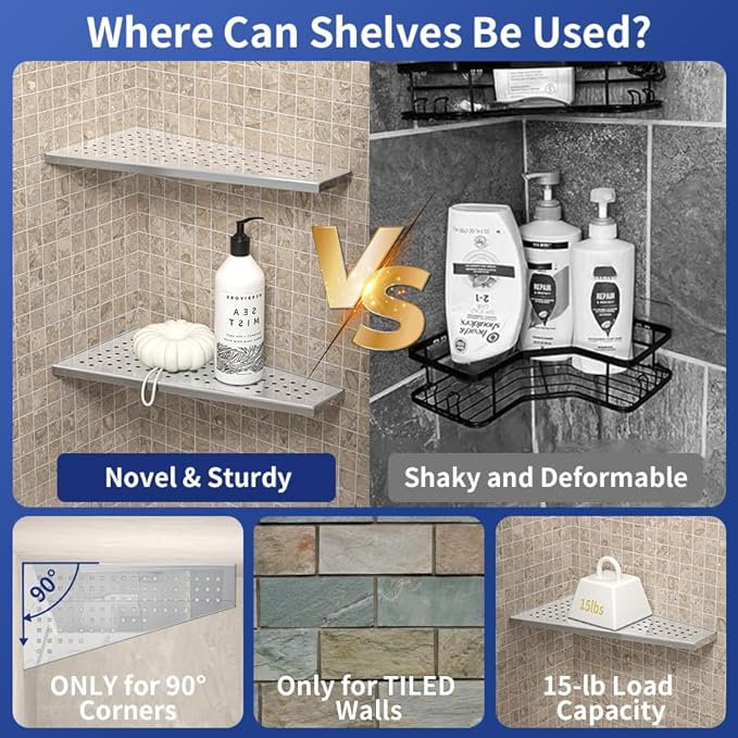 Corner Shower Shelf 12" Polished 304 Stainless Steel Recessed Trapezoid Shampoo Shelves with Grid Design Bathroom Shelf Racks for Tiled Wall, No Drilling Needed, 2 Pack