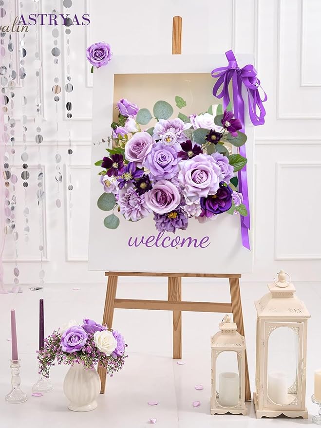 ASTRYAS Artificial Purple Flowers Combo Box Set Mix Silk Flowers Dahlia Roses with Stems for DIY Wedding Bouquets Centerpieces Arrangements Party Bridal Baby Shower Home Decorations