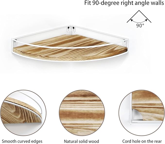 Corner Shelf Wall Mounted, Corner Floating Shelves for Wall, Wood Storage with Cable Hole for Kitchen Living Room Bedroom Bathroom, White Set of 3