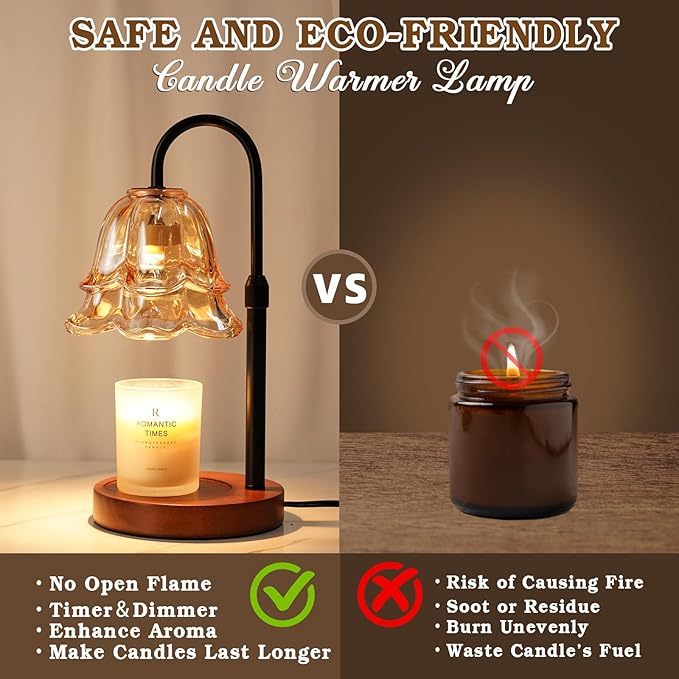Candle Warmer Lamp with Timer & Dimmer, Adjustable Height, House Warming Birthday Gifts for Women Mom, Flower Candle Lamp Warmer, Wax Warmer Lamp for Jar Candles with 2 Bulbs