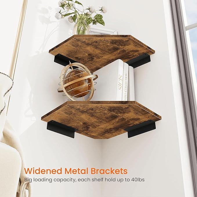 Homode Corner Shelf Wall Mount, Set of 2 Floating Corner Shelf Organizer for TV Accessories, Speaker, Cable Box, Game Console, Storage for Bathroom Kitchen Living Room Bedroom, Rustic Brown