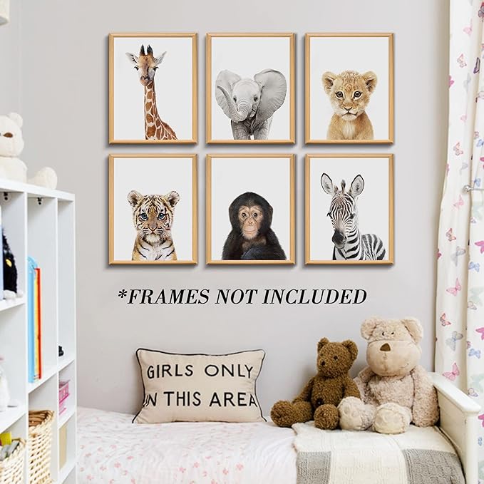 Set of 6 Baby Safari Nursery Wall Decor - Picture Cute Animal Wall Prints on Canvas, under 20 dollars gifts for Baby Boys and Girls Room, UNFRAMED Wall Art(8 x 10 inch)