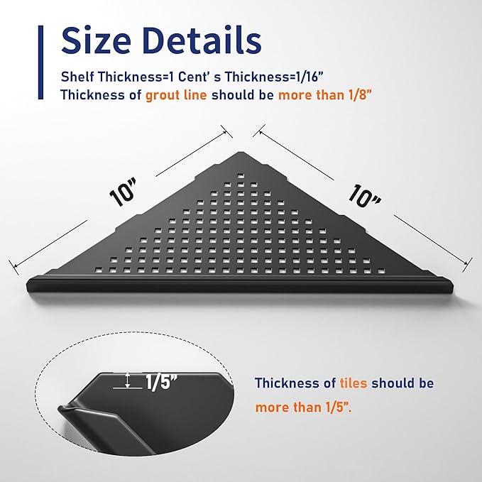 Corner Shower Shelves, 10" Matte Black 304 Stainless Steel Recessed Shelf for Bathroom, Grout in Shelf for Tiled Wall 2 Pack, No Drilling Needed