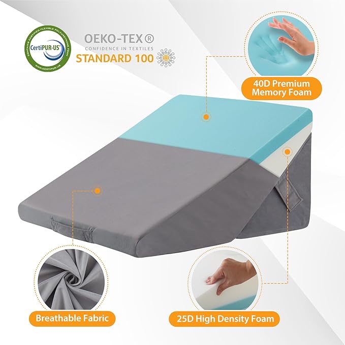Bed Wedge Pillow for Sleeping, 9&12 Inch Wedge Pillow for Back Pain Relief, Adjustable 7-in-1 Memory Foam Triangle Pillow for Back and Leg Support, Acid Reflux, Snoring & Gerd, Velvet