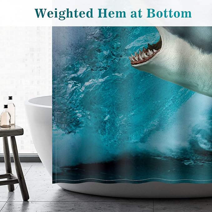 Aimego Stall Small Shower Curtain - Funny Cute Cat Riding Shark Fun Crazy Ocean Narrow Half Fabric Cloth Shower Curtains Set for Adults Bathroom Decor Accessories Bath Curtain, 36"x72", Blue Red