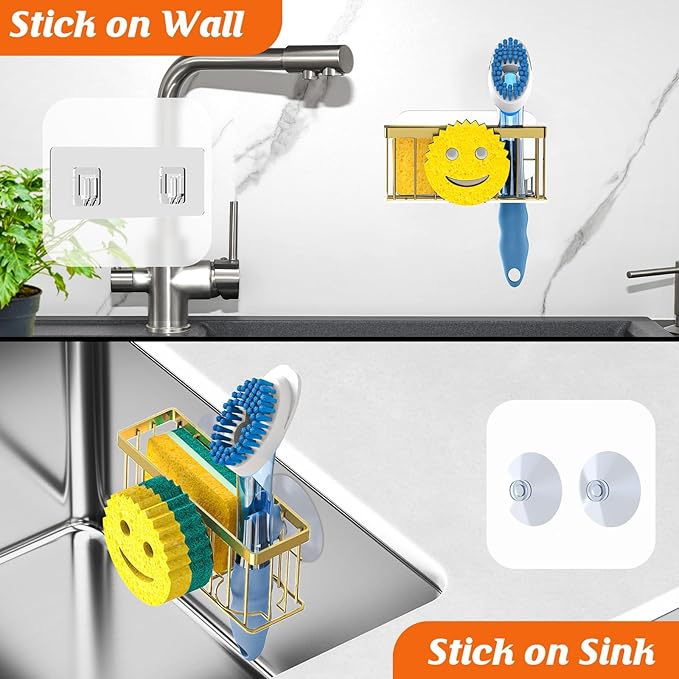 Sponge Holder Smiley Face, Sink Caddy for Kitchen Sink, Sink Organizer Sponge Holder with 2 PCS Suction Cups/1 PCS Adhesive Strips, Designed for Sponge, Soap, Dish Brush, Scrubber-Gold