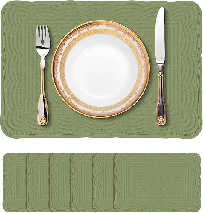 Green 100% Cotton Placemats Set of 6, Rectangular Placemats Machine Washable-13x18 Inches for Kitchen or Dining Table Fabric Rectangular Table Mats