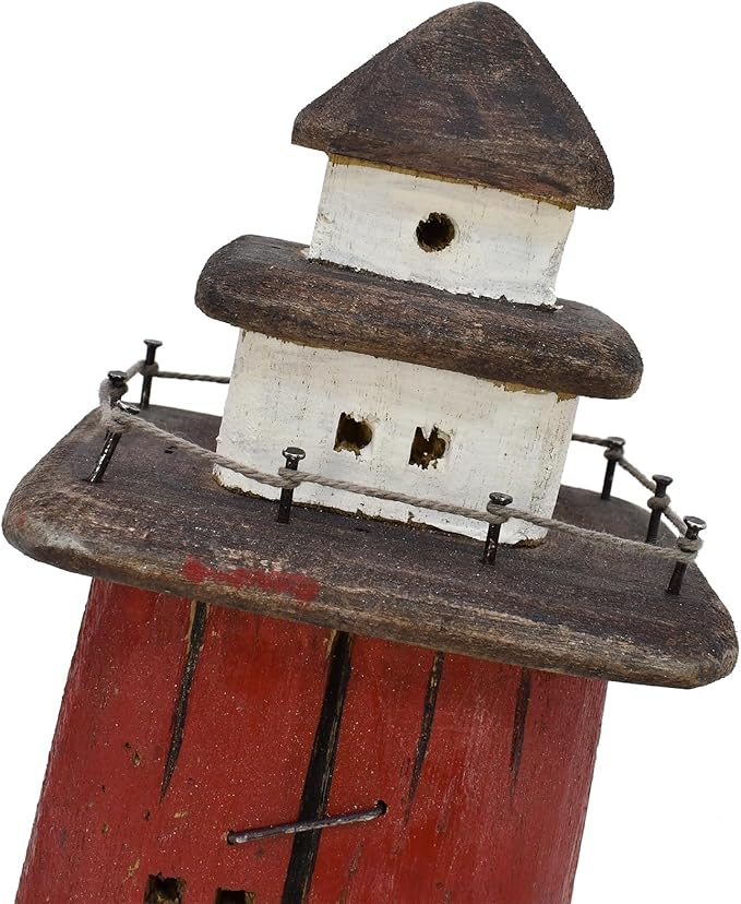 K KILIPES Beach Lighthouse for Bathroom Nautical Home Decor, Wood Lighthouse Table Decoration Coastal Centerpiece Hand Crafted Lighthouse Sculpture Ocean Decorations (Red/Blue, M)