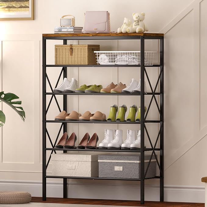 6 Tiers Metal Shoe Rack,Large Capacity Shoe Rack Holds 24 Pairs of Shoes, Durable and Stable, Adjustable Metal Shelf Stackable Shoe Shelf for Entryway, Hallway, Living Room, Closet