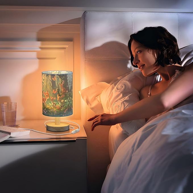 Table Lamp Forest Animal Deer Fox Butterfly Bird Flower Nightstand Lamp with Wood Base Fabric Lamp Shade Bedside Desk Lamp for Living Room Bedroom Kids Room Office