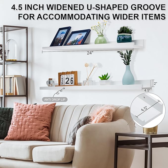 MBYD White Floating Shelves, Modern Photo Shelves with Lip, 24 Inch Wall Mount Picture Ledge Wall Shelf for Bedroom Kitchen Office Living Room Kitchen, Nursery Book Shelves Set of 3 Same Dimension