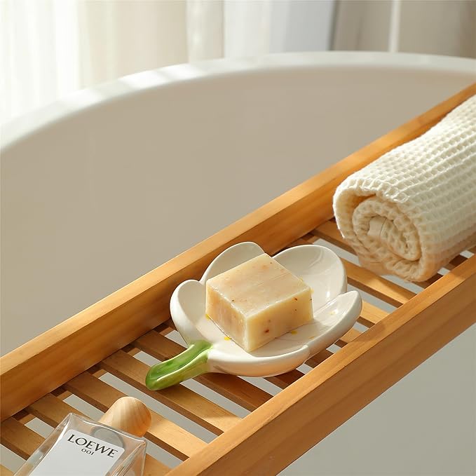 Ankah Decorative Ceramic Soap Box, Flower Shape Soap Dish, Self-Draining to Keep Dry Stop Mushy Soap Holder, Easy Cleaning, Best for Shower Bathroom and Kitchen (Tulip, White)