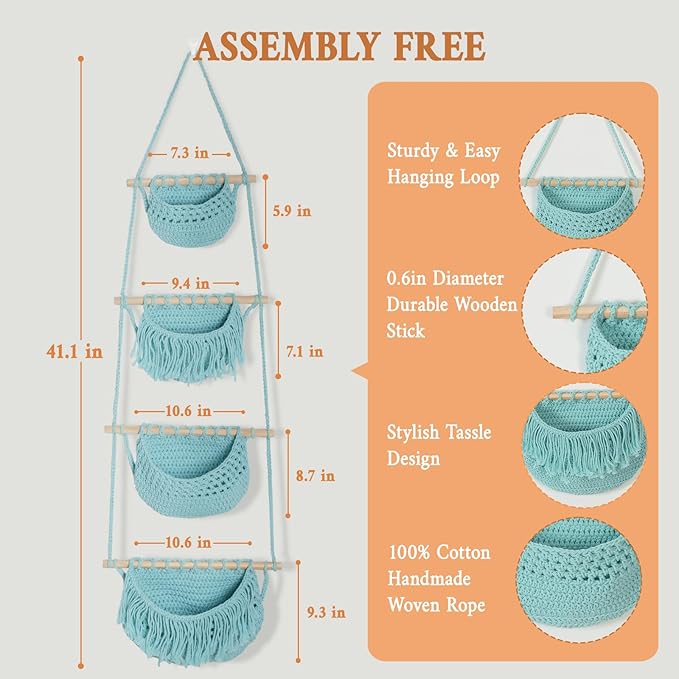 4 Tier Hanging Fruit Basket for Kitchen, Aqua Boho Cotton Rope Crocheted Fruit Holder for Bathroom Bedroom, Detachable Wall Hanging Basket Shelves Over Door Organizer for Fruit Veggie Plant Decor