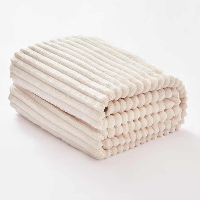 EXQ Home Fleece Throw Blanket for Couch or Bed - 3D Ribbed Jacquard Decorative Blankets - Cozy Soft Lightweight Fuzzy Flannel Blanket Suitable for All Seasons(50"×60",Beige)