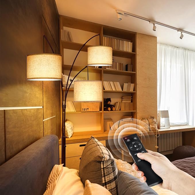 OUTON Floor Lamp with Remote Control, Modern Bright Lamps for Living Room, Adjustable 3-Light Tall Arched Lamp for Bedroom, Office, 2400lm Mid Century Design with Hanging Shade