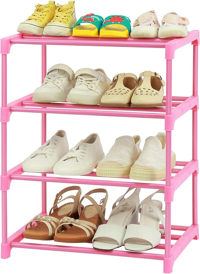 4-Tier Free Standing Shoe Racks for 6-8 Pairs Shoe Storage,Kids Shoe Racks for Small Place,Lightweight Stackable Shoe Shelf Organizer for Entryway, Doorway and Closet,Pink