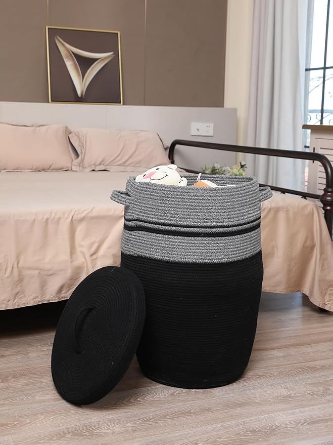 26" x 20" Tall Extra Large Storage Basket with Lid, Cotton Rope Storage Baskets, Woven Laundry Hamper with Cover, for Clothes Blanket in Living Room, Grey Mix/Black