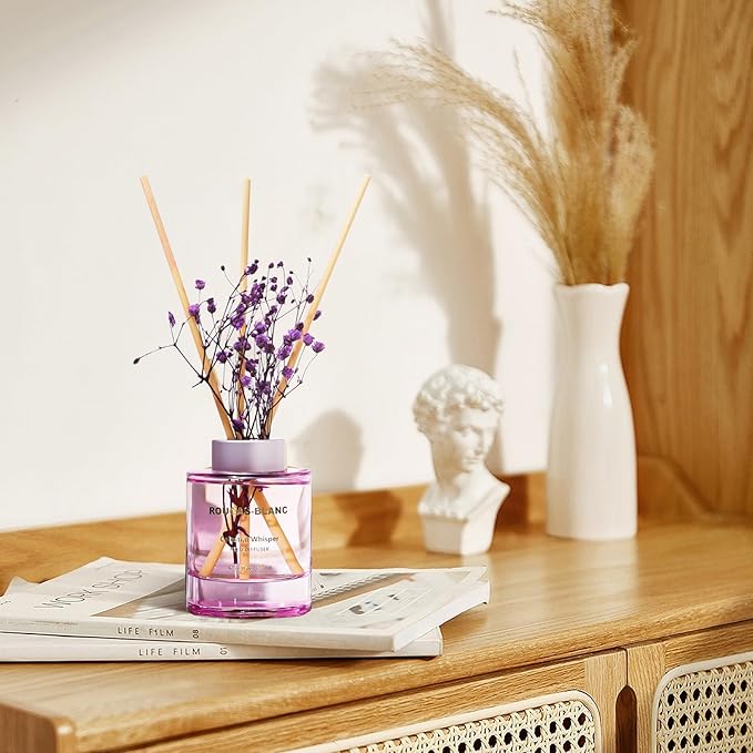 ROUCAS BLANC Reed Diffuser Set with Preserved Flowers, Lavender Scented Diffuser with Sticks, Room Decor & Bathroom Decor, Aromatherapy Home Fragrance Diffuser Gift Set (Purple Lavender)