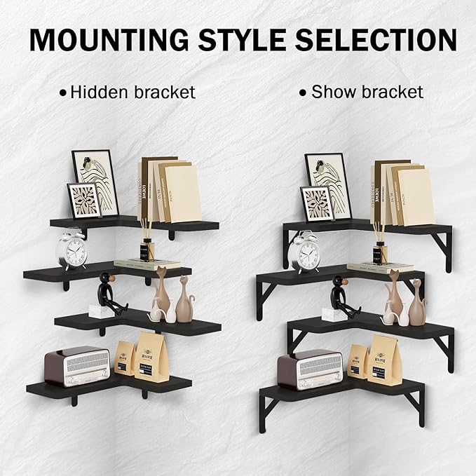 Muzilife Corner Floating Shelves Wooden Floating Shelve Set of 4, Wall Mounted for Storage, L-Shaped Shelves for Wall Decor Wall Organizer for Bedroom, Bathroom, Kitchen, Living Room and Office, Black