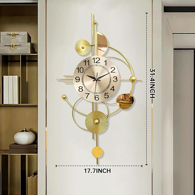 Large Wall Clocks for Living Room,Silent Non Ticking,Battery Operated Oversized Round Modern Wall Clock for Bedroom,Farmhouse,Office Wall Decor-17.7x31.4Inch(Golden)