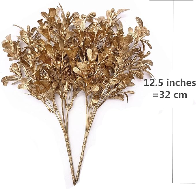 Christmas Artificial Flowers, Golden Leaves Branches Plants Fake Berry Plant Decor for Wedding Bridal Bouquet Party Indoor Outdoor DIY Home Table Centerpieces Arrangements Decoration - Gold 3 Pack