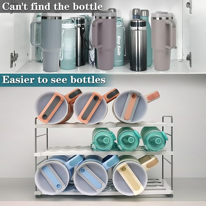 Water Bottle Organizer For Cabinet, Expandable Water Bottle Holder Rack, Adjustable Tumbler Storage For Kitchen Organization, 3 Tier Cup Organizer For Sports Flask Insulated Travel Mug Fridge, White