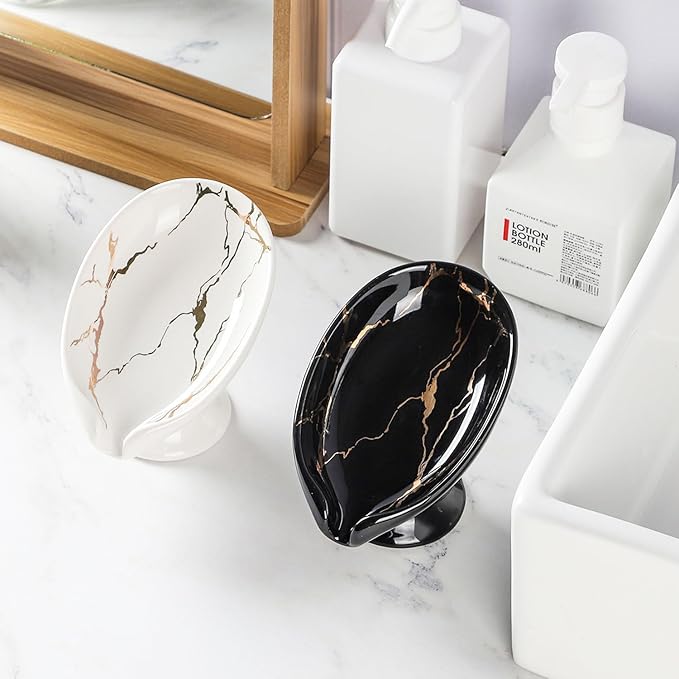 WHJY Marble Soap Holder Tray, Small Leaf Shape, Black, for Bathroom & Kitchen