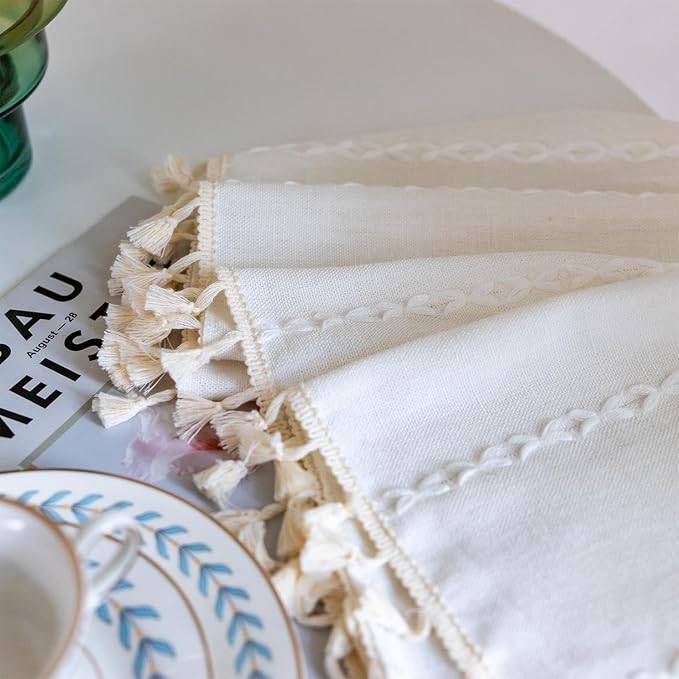 Sutuo Home Boho Valance Curtains 18 inches for Kitchen Cafe Dining Room, Short Farmhouse Vintage Tassels Window Treatment Bohemian Stripe Embroidery Drape, Rod Pocket 1 Panel 52" W x 18" L, White