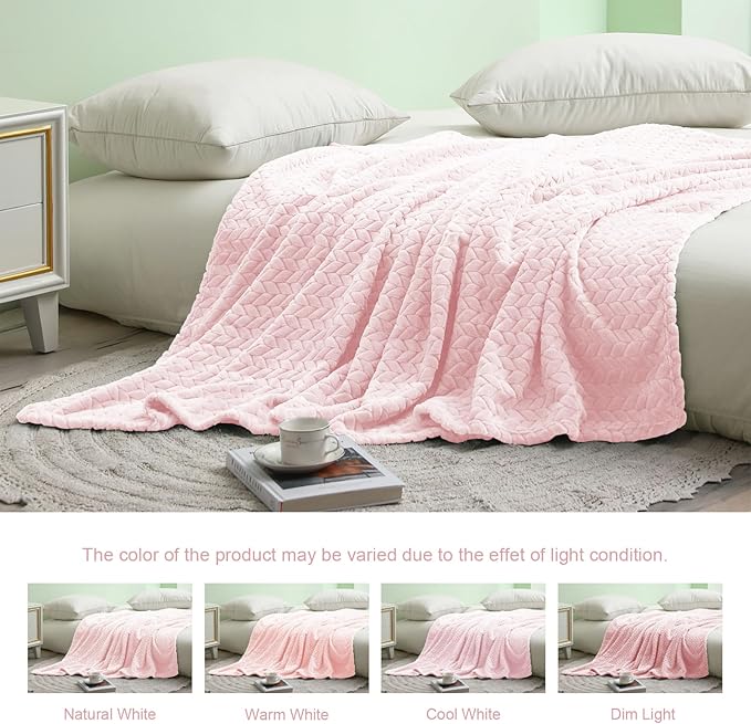 Exclusivo Mezcla Light Pink Fleece Throw Blanket for Couch and Bed, 50x70 Inches Soft Cozy Jacquard Flannel Blankets, Lightweight Fuzzy Plush Warm Throws for All Seasons