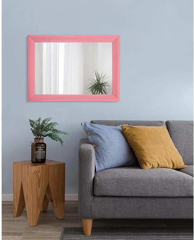 AAZZKANG Rectangle Mirror with Wood Frame Modern Farmhouse Wall Mirrors Decor Large 20"x16" for Bedroom Bathroom Living Room Pink
