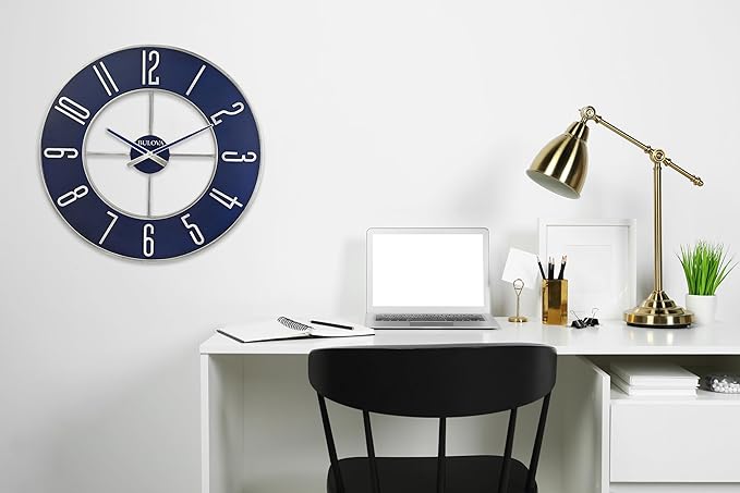 Bulova Blue Steel Oversize Wall Clock |Model C4809, 27" Diameter | Sleek Silver and Blue Finish | Contemporary Design | Battery Operated