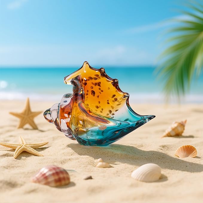 Sea Glass Art Figurines Hand Blown Conch Shell Sculpture, Green Sea Glass Decor Creative Conch Seashell Statue - For Coastal Room Decor Knick Knacks Home Decor Kitchen Decorations Above Cabinets