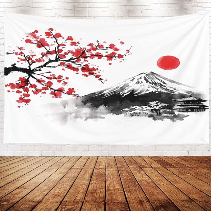 EMMTEEY Mountain Tapestry Wall Art for Bedroom 60X50 Inch-Ink Red Flowers and Fuji Mountain Durable Hanging Tapestry for Living Room
